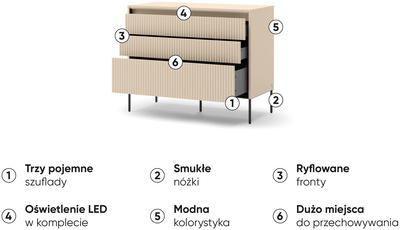 Beżowa komoda do sypialni salonu 104cm 3 szuflady oświetlenie ryflowana TREND