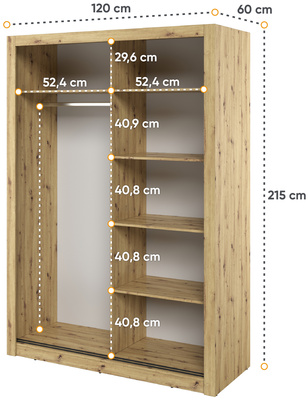 Dwudrzwiowa szafa przesuwna z lustrem 120 cm ARTI z półkami i drążkiem