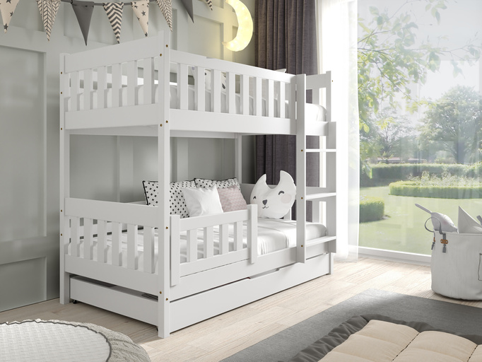 Białe łóżko piętrowe do pokoju dziecięcego z barierką i pojemnikiem 80x160 cm LUMISLE