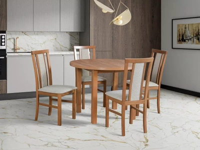 Okrągły stół z drewnianymi krzesłami do jadalni PALVE