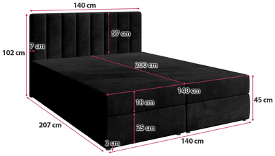 Czarne łóżko kontynentalne z pojemnikiem 140x200 cm DENVER welur