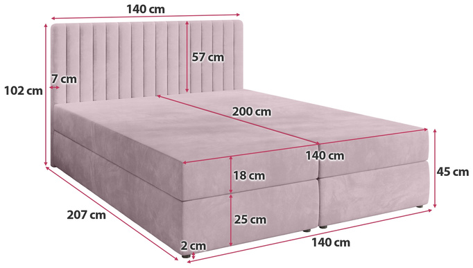 Łóżko kontynentalne 140x200 cm z pojemnikiem na pościel DREAM pudrowy róż